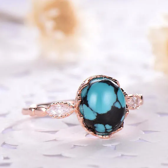 Blue Black Turquoise Engagement Ring 14k 18k Rose Gold Oval Cut 925 Sterling Silver Solitaire CZ Diamond Wedding Bridal Ring Anniversary Set