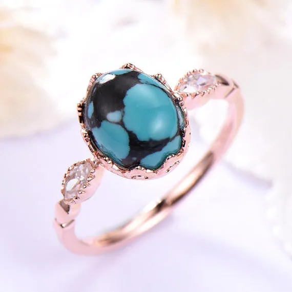 Blue Black Turquoise Engagement Ring 14k 18k Rose Gold Oval Cut 925 Sterling Silver Solitaire CZ Diamond Wedding Bridal Ring Anniversary Set