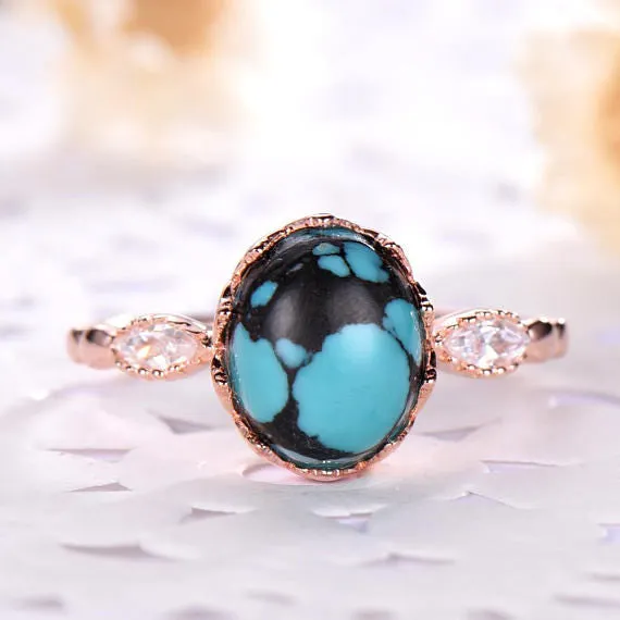 Blue Black Turquoise Engagement Ring 14k 18k Rose Gold Oval Cut 925 Sterling Silver Solitaire CZ Diamond Wedding Bridal Ring Anniversary Set