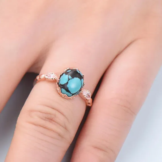 Blue Black Turquoise Engagement Ring 14k 18k Rose Gold Oval Cut 925 Sterling Silver Solitaire CZ Diamond Wedding Bridal Ring Anniversary Set