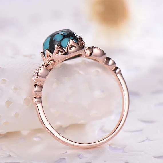 Blue Black Turquoise Engagement Ring 14k 18k Rose Gold Oval Cut 925 Sterling Silver Solitaire CZ Diamond Wedding Bridal Ring Anniversary Set