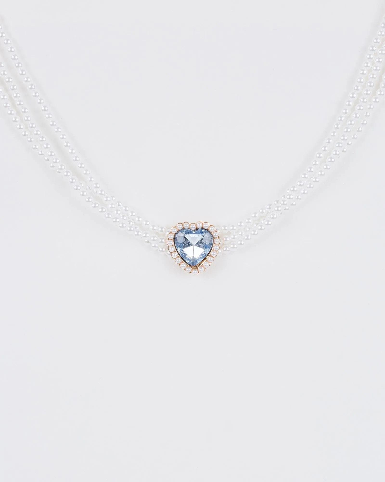 Blue Crystal And Pearl Heart Choker Necklace