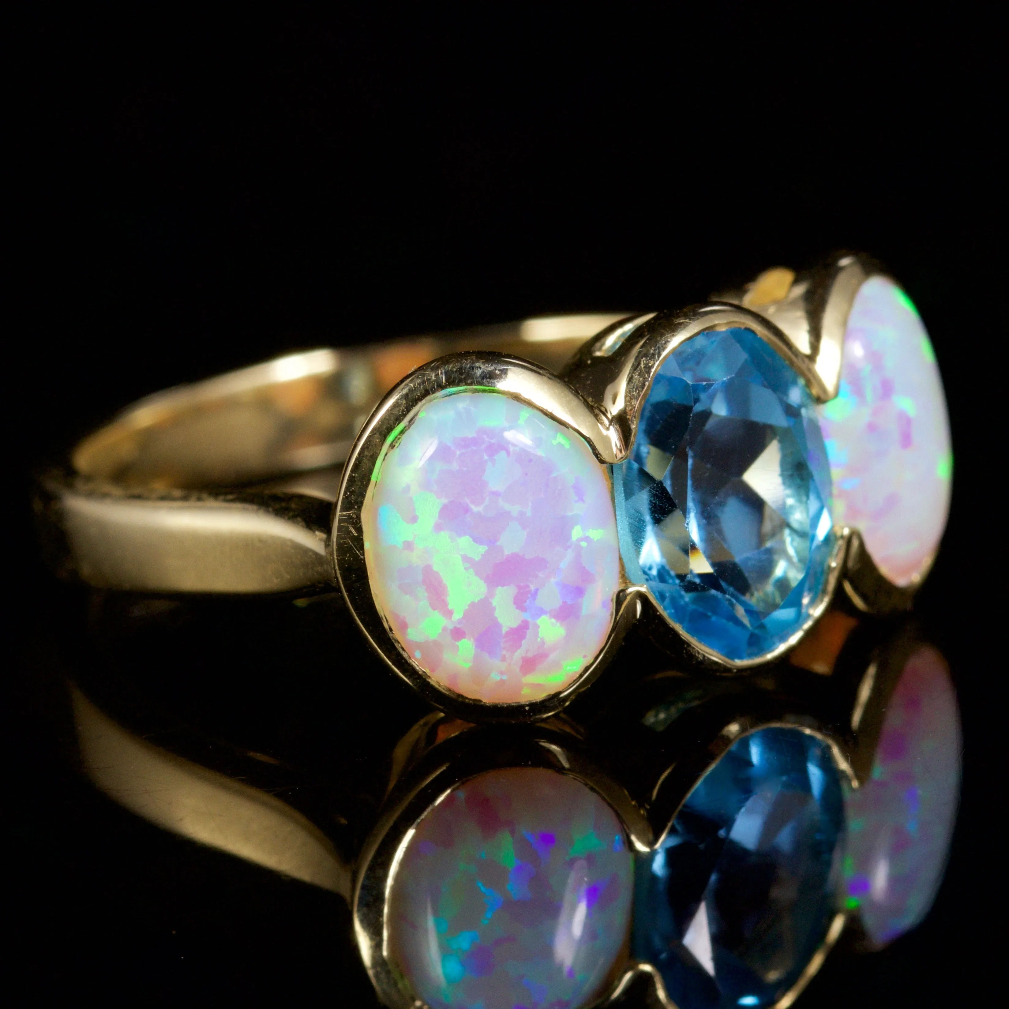 Blue Topaz Opal Trilogy Ring 9Ct Gold Ring