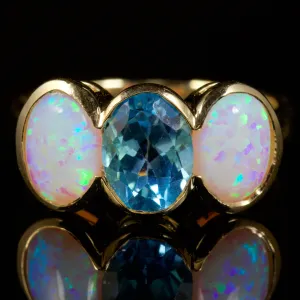 Blue Topaz Opal Trilogy Ring 9Ct Gold Ring