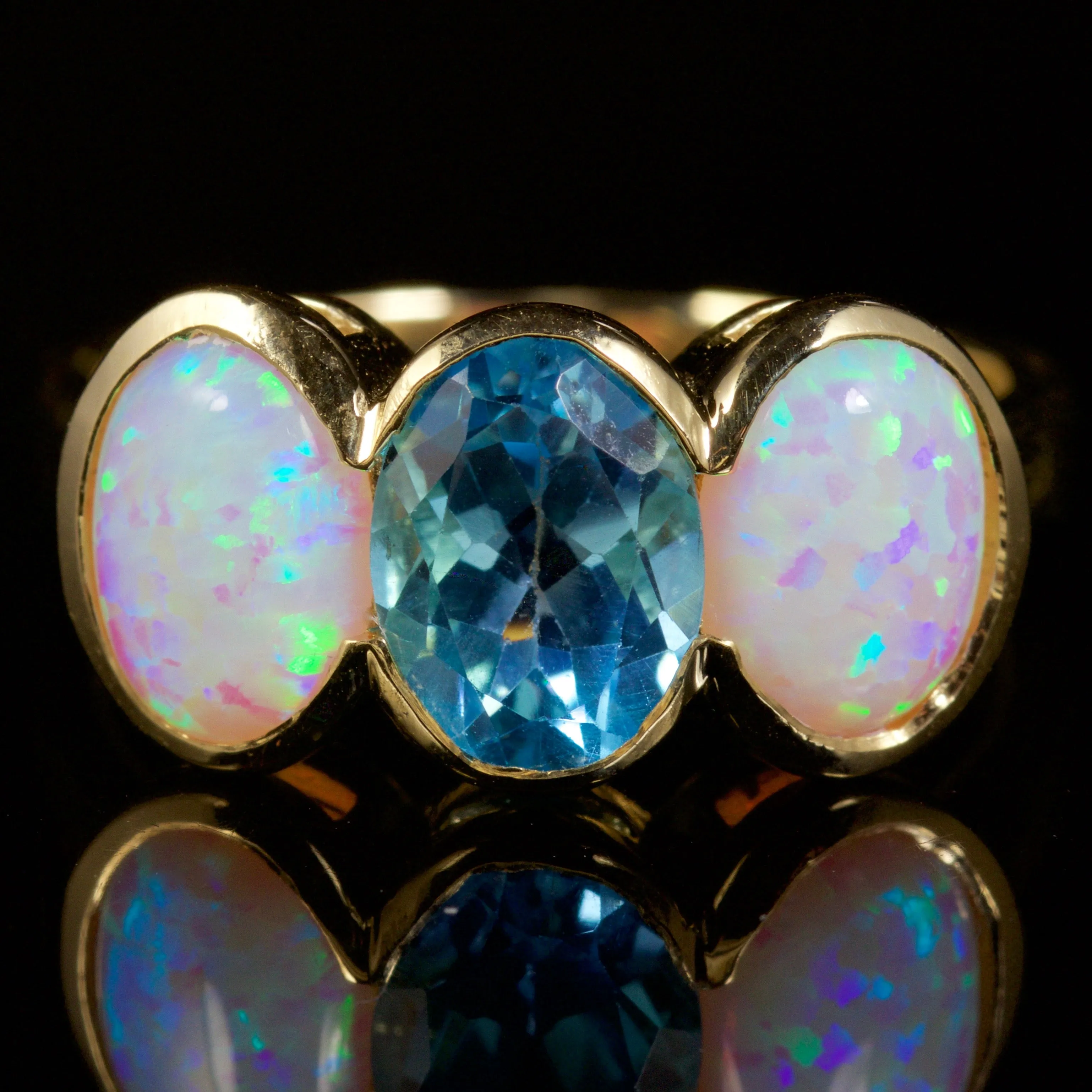 Blue Topaz Opal Trilogy Ring 9Ct Gold Ring