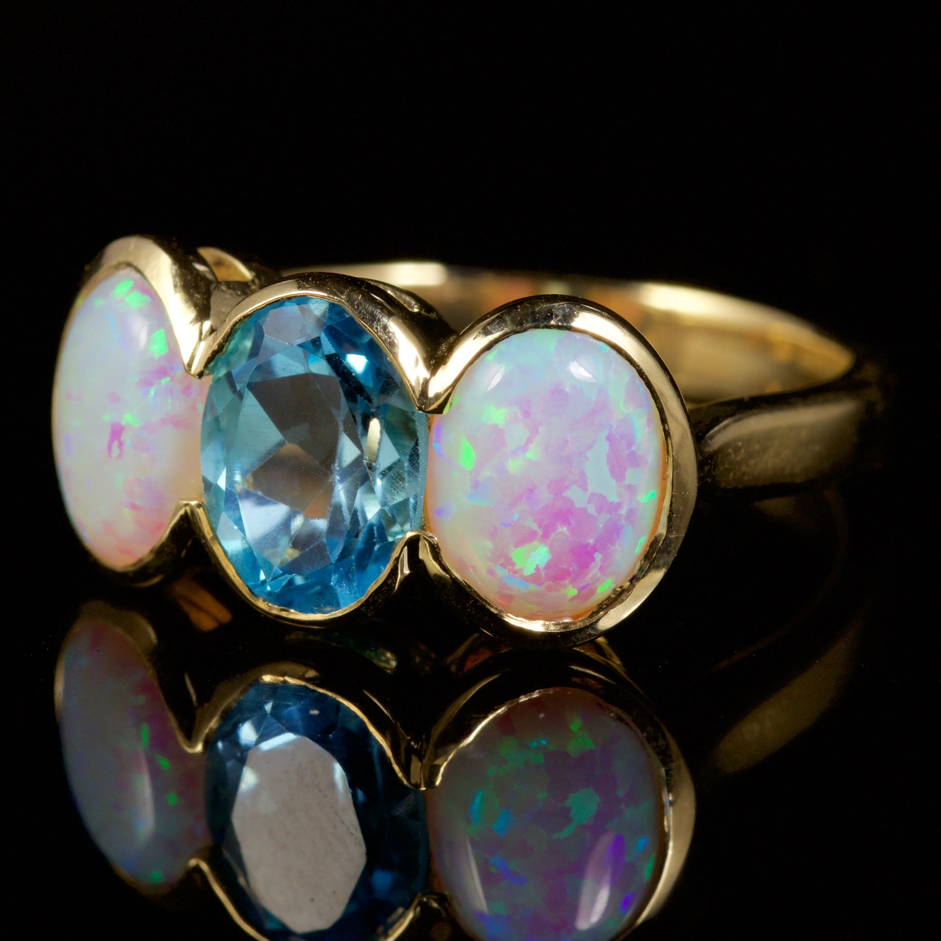 Blue Topaz Opal Trilogy Ring 9Ct Gold Ring