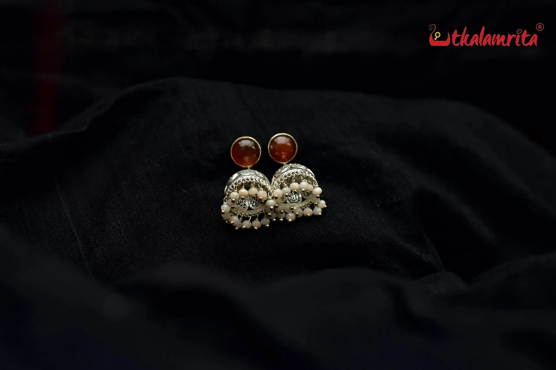 Brown Stone Silver Filigree Jhumka (Earring Tops)