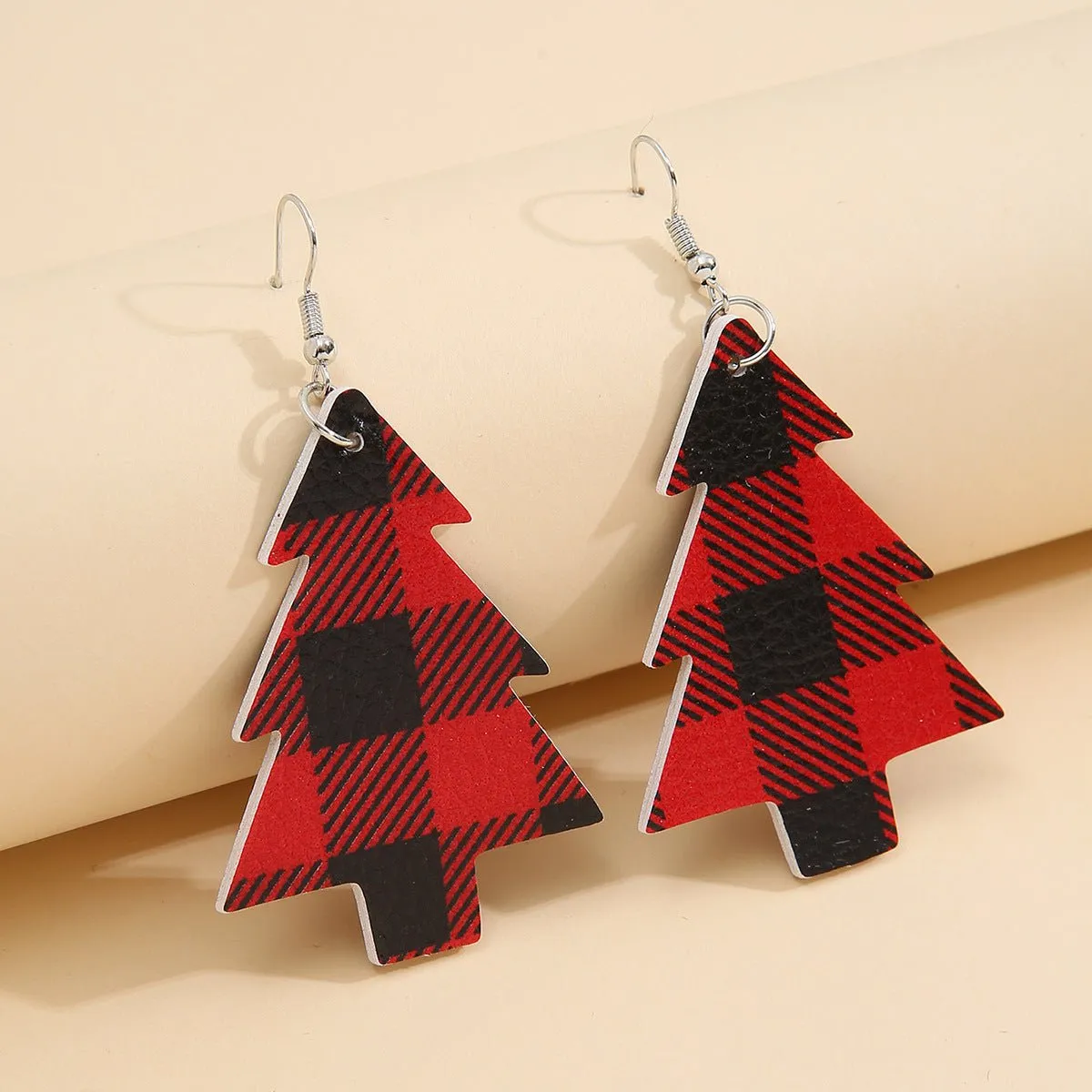 Buffalo Plaid Vegan Leather Christmas Tree Dangle Earrings