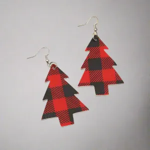 Buffalo Plaid Vegan Leather Christmas Tree Dangle Earrings