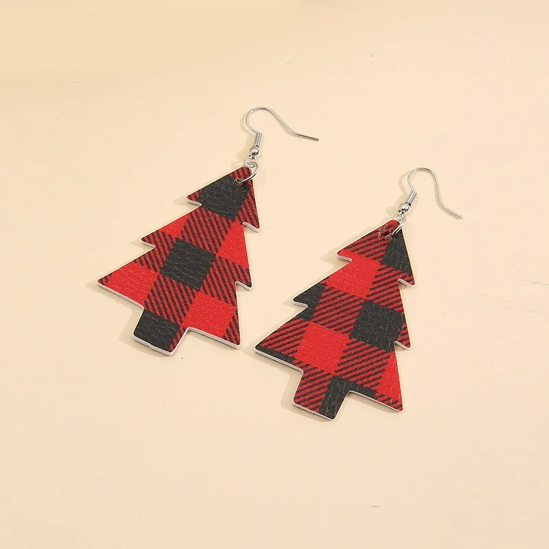 Buffalo Plaid Vegan Leather Christmas Tree Dangle Earrings