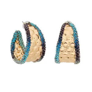 Chic Hoop Earrings Gold Textured Blue Rhinestone Detail