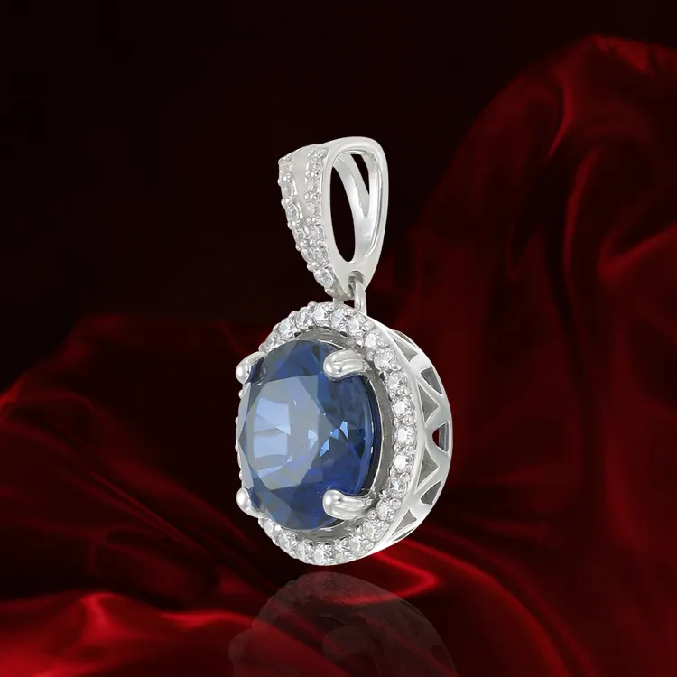 Classic Round Blue Sapphire Pendant with Halo