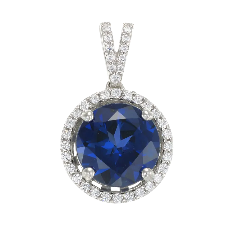 Classic Round Blue Sapphire Pendant with Halo