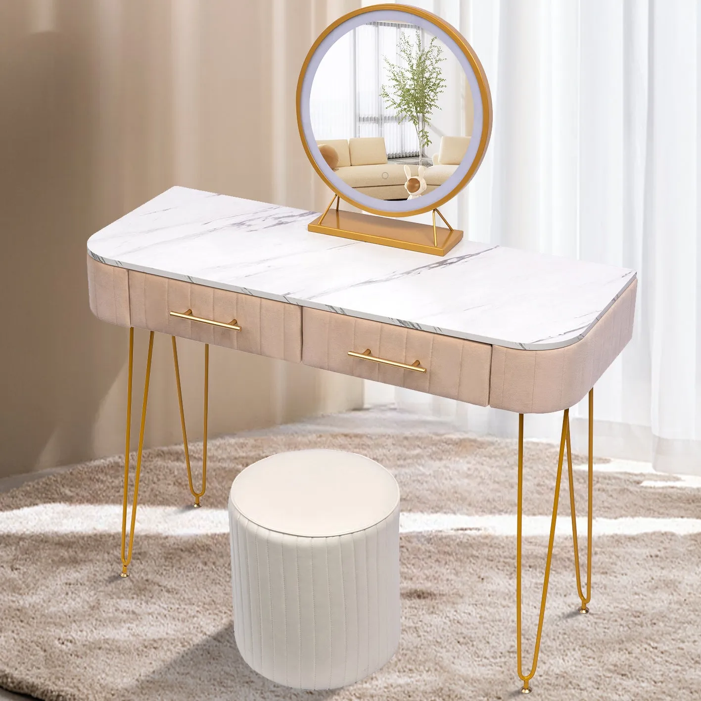 CRAZY ELF 39.4" Length Flannel Soft Roll Makeup Vanity Set, Fasionable Soft Roll Makeup Table, 15.8" Touch Control 3 Brightness Options LED Mirror, Large Capacity Storage, Fashionable Soft Roll Stool.