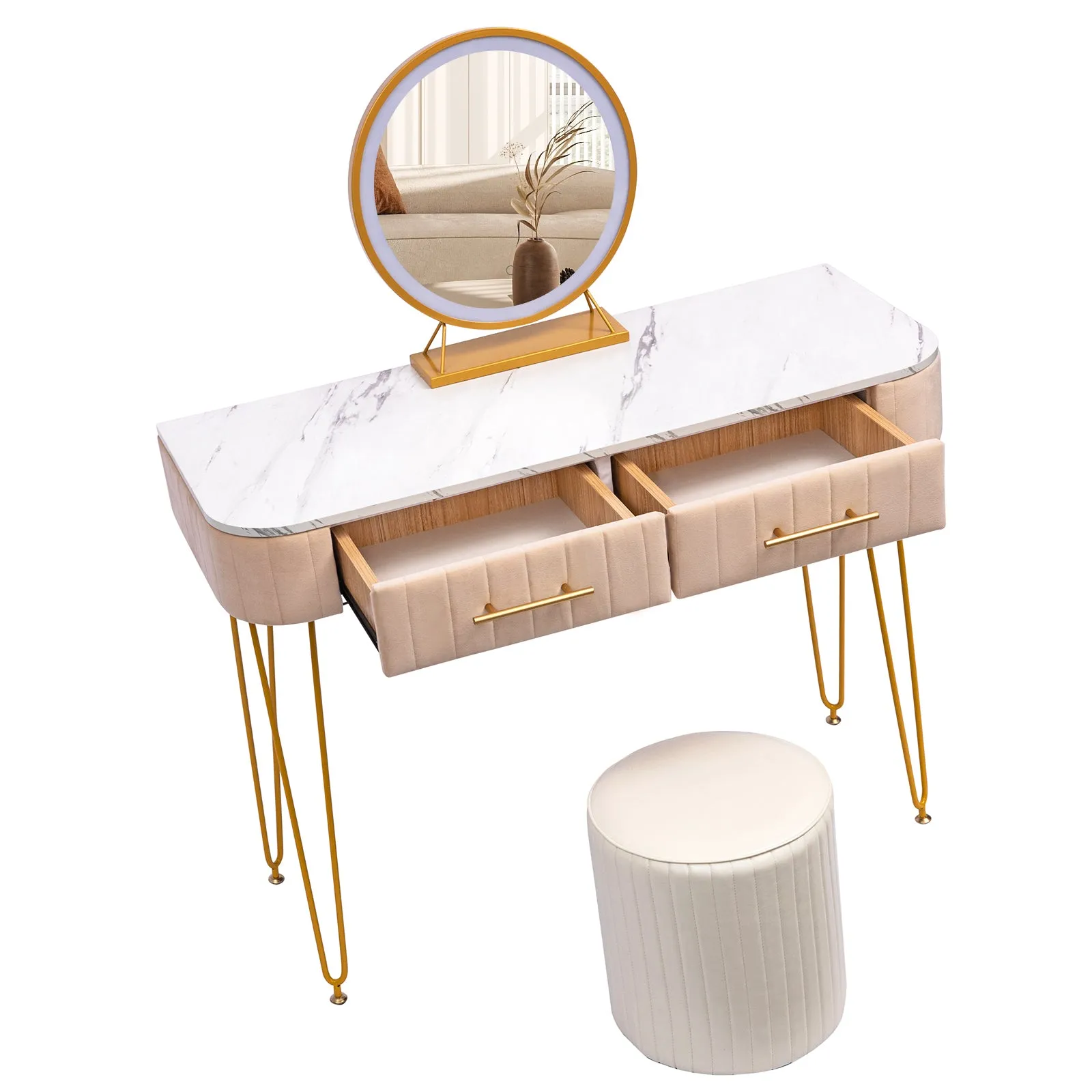 CRAZY ELF 39.4" Length Flannel Soft Roll Makeup Vanity Set, Fasionable Soft Roll Makeup Table, 15.8" Touch Control 3 Brightness Options LED Mirror, Large Capacity Storage, Fashionable Soft Roll Stool.