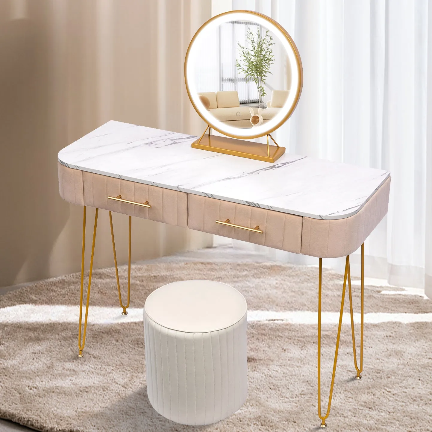 CRAZY ELF 39.4" Length Flannel Soft Roll Makeup Vanity Set, Fasionable Soft Roll Makeup Table, 15.8" Touch Control 3 Brightness Options LED Mirror, Large Capacity Storage, Fashionable Soft Roll Stool.