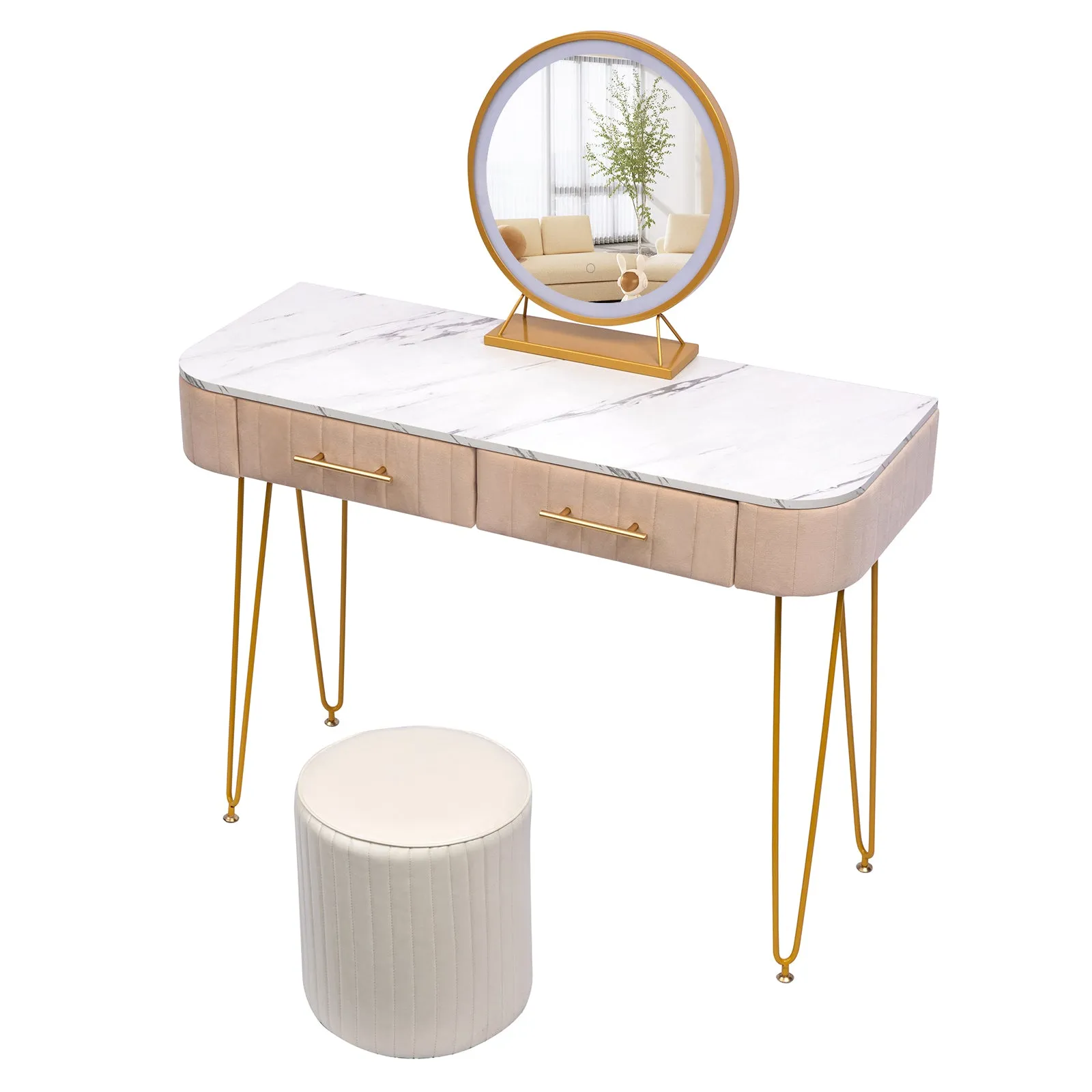 CRAZY ELF 39.4" Length Flannel Soft Roll Makeup Vanity Set, Fasionable Soft Roll Makeup Table, 15.8" Touch Control 3 Brightness Options LED Mirror, Large Capacity Storage, Fashionable Soft Roll Stool.