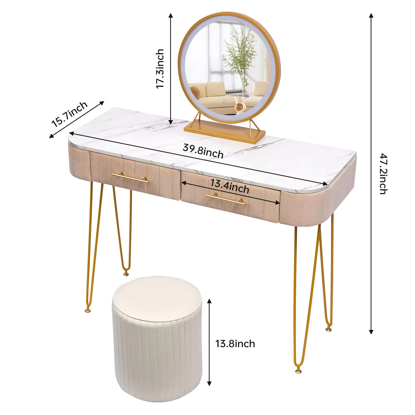 CRAZY ELF 39.4" Length Flannel Soft Roll Makeup Vanity Set, Fasionable Soft Roll Makeup Table, 15.8" Touch Control 3 Brightness Options LED Mirror, Large Capacity Storage, Fashionable Soft Roll Stool.