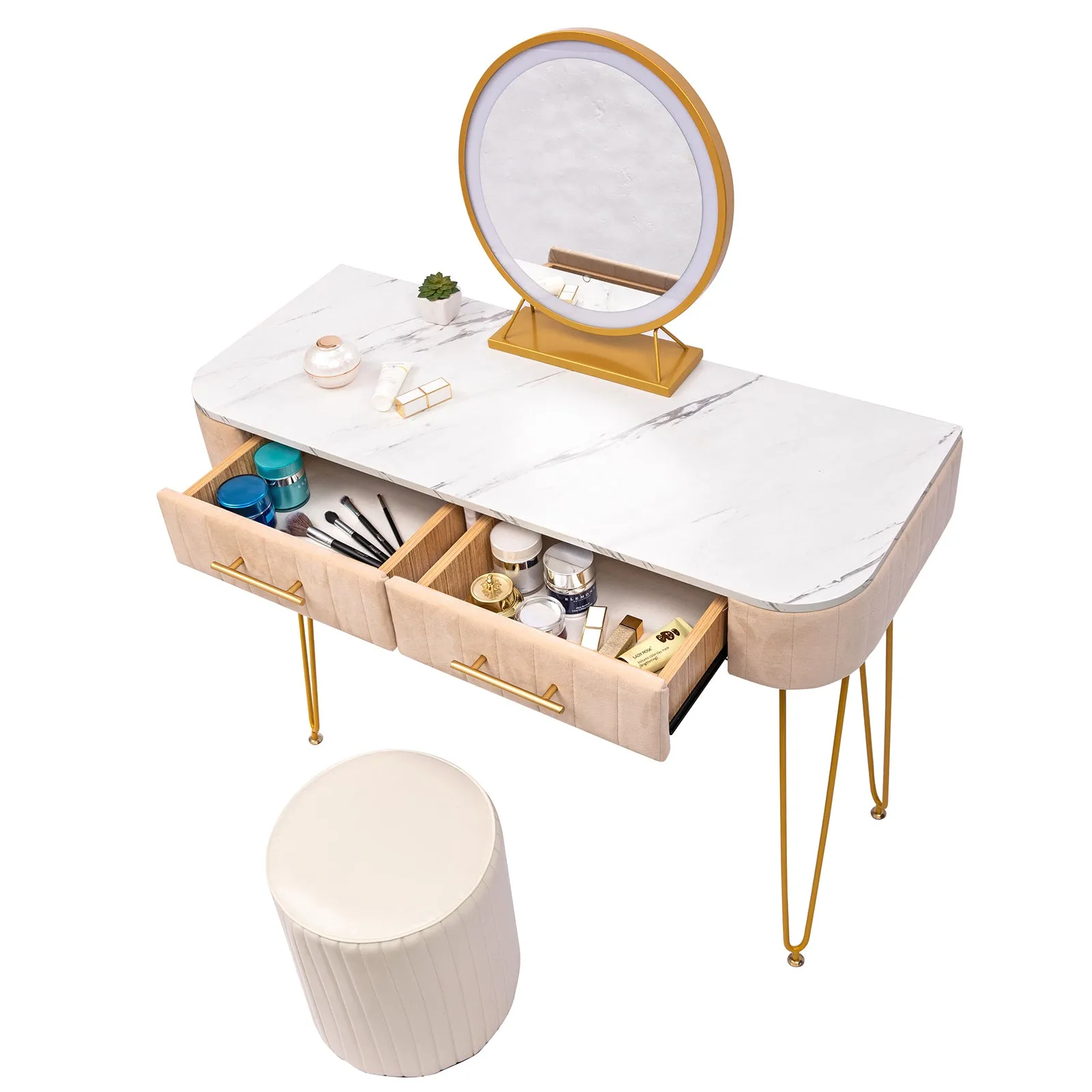 CRAZY ELF 39.4" Length Flannel Soft Roll Makeup Vanity Set, Fasionable Soft Roll Makeup Table, 15.8" Touch Control 3 Brightness Options LED Mirror, Large Capacity Storage, Fashionable Soft Roll Stool.