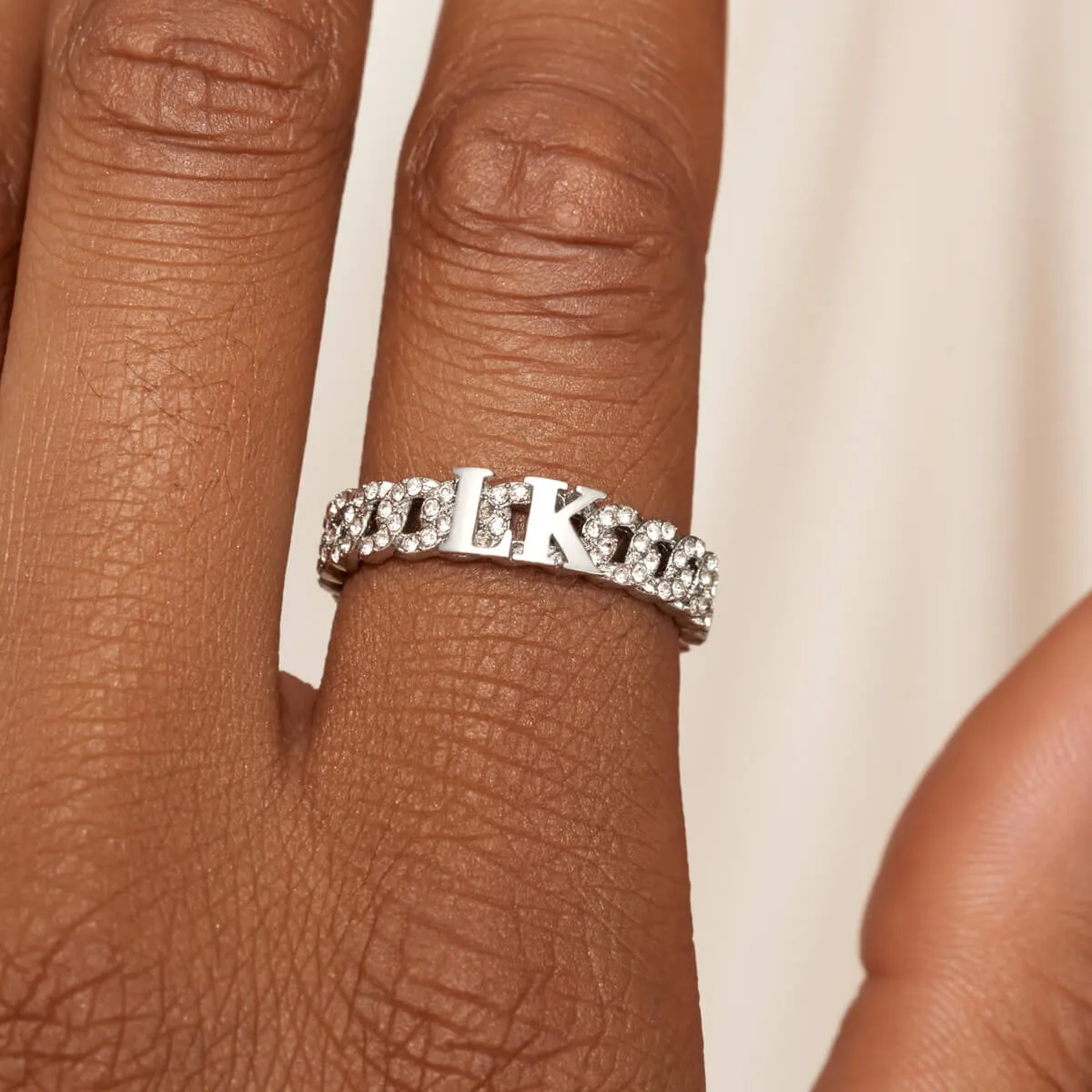 Crystal Link Chain Initial Ring (Silver)