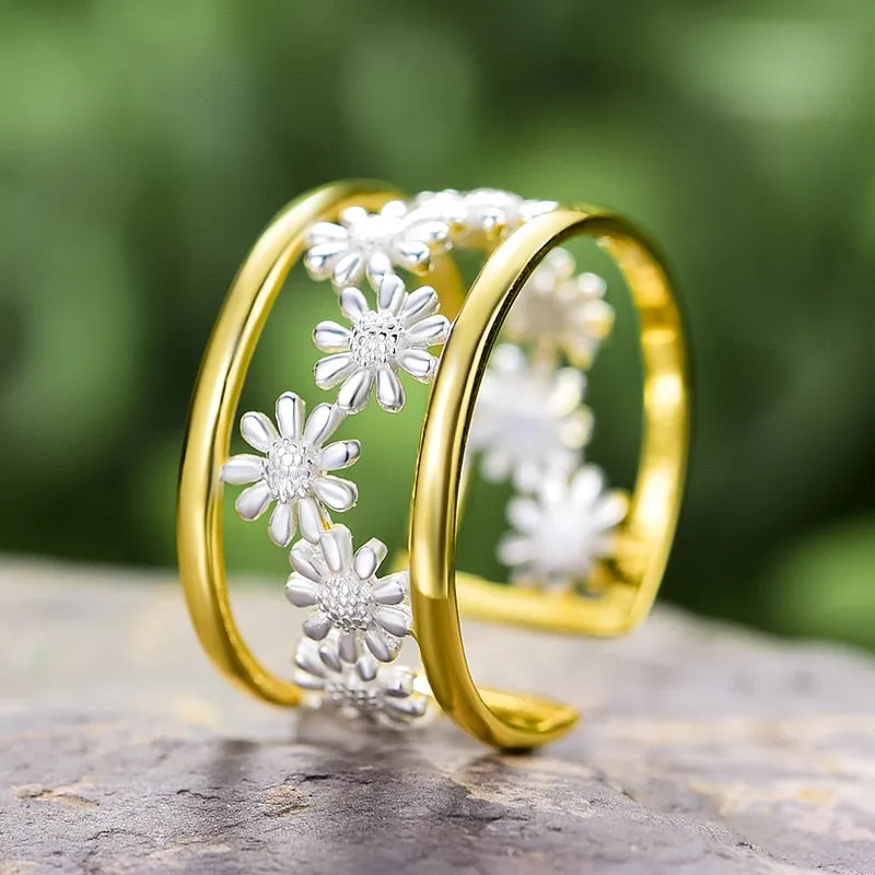 Dainty Daisy Adjustable Ring in Silver and Gold