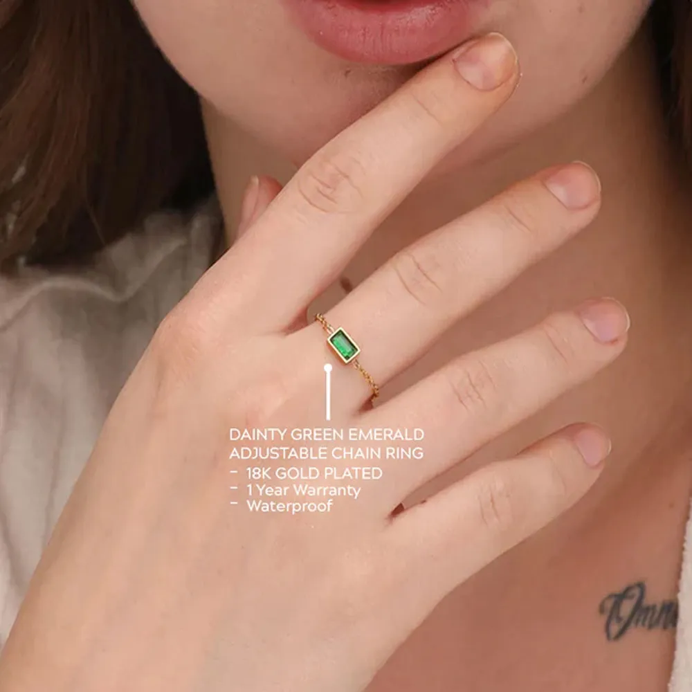 Dainty Green Emerald Adjustable Chain Ring