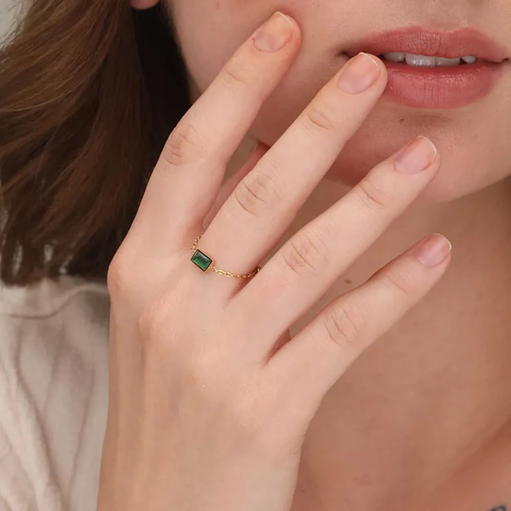 Dainty Green Emerald Adjustable Chain Ring