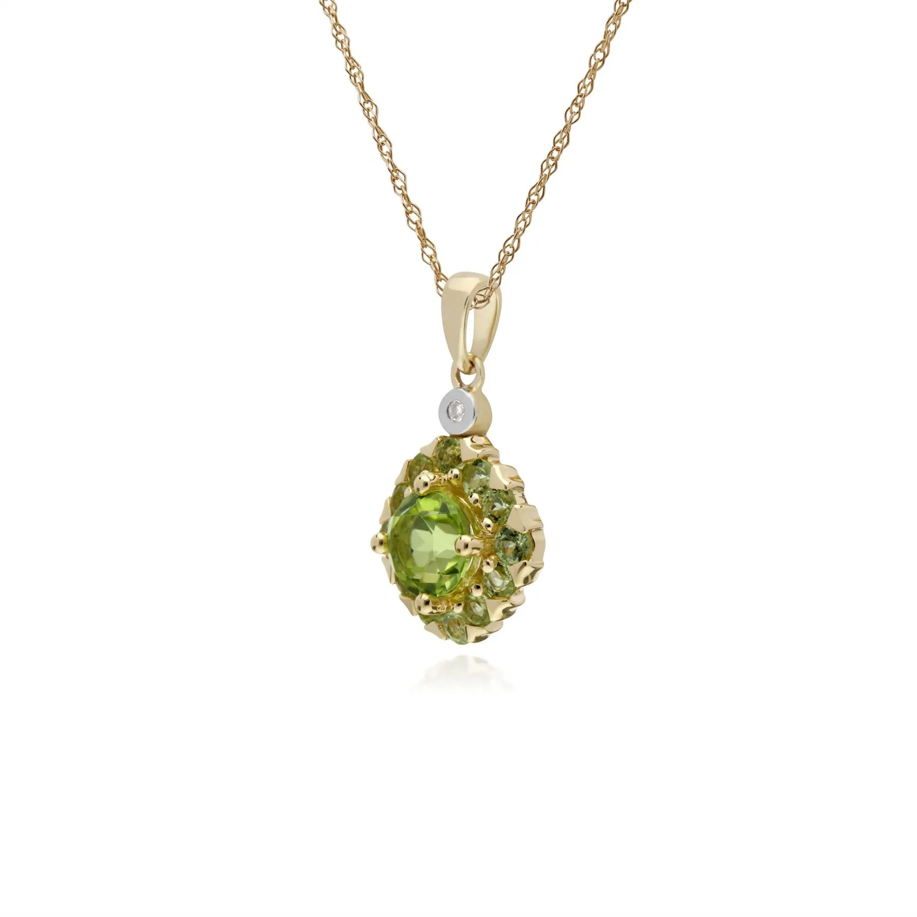 Damen 9 Karat Gelbgold Rund Peridot & Diamant Quadratisch Traube Anhänger auf 45cm Kette