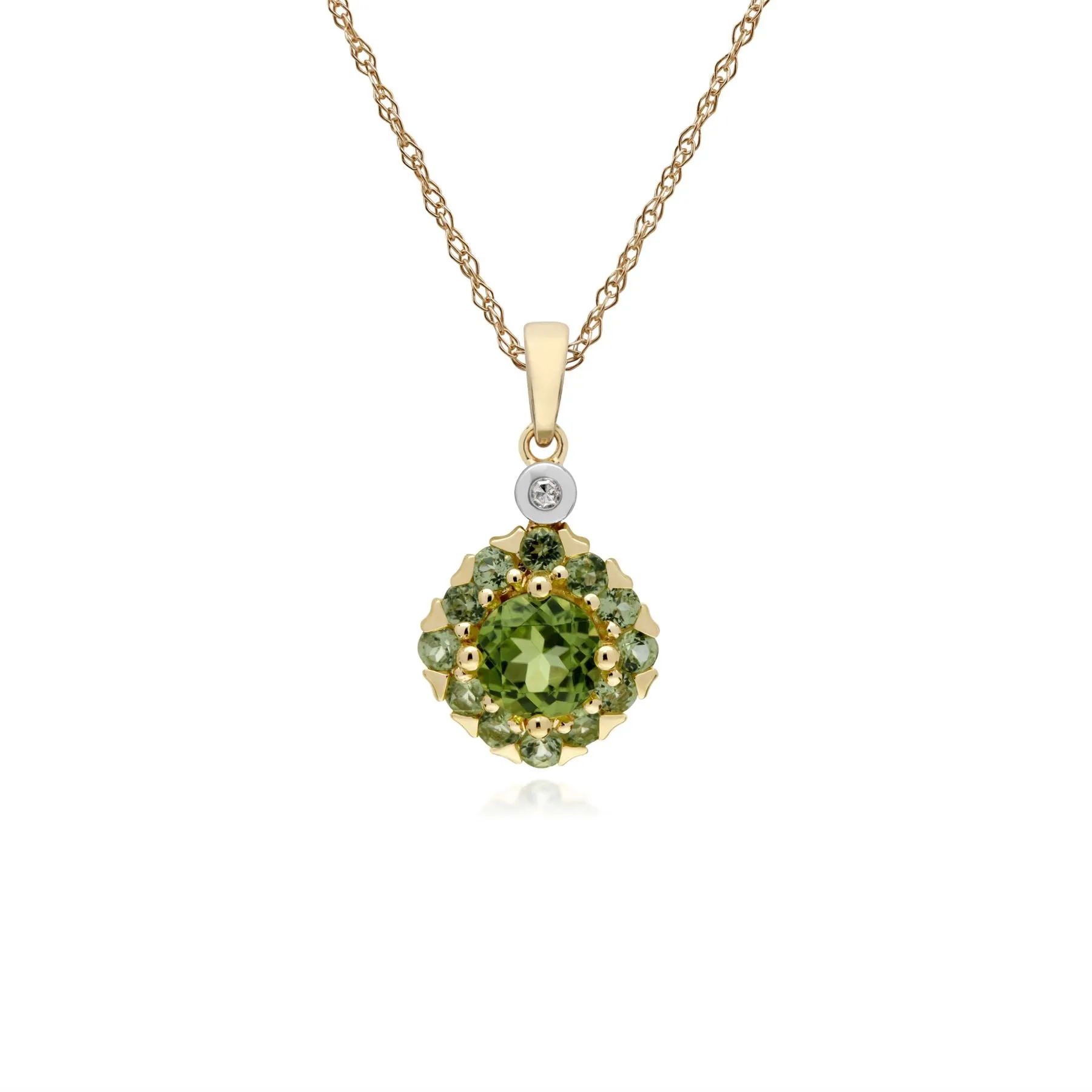 Damen 9 Karat Gelbgold Rund Peridot & Diamant Quadratisch Traube Anhänger auf 45cm Kette