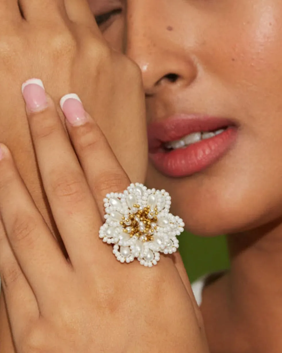 Designer White Stone Studded Flower Finger Ring