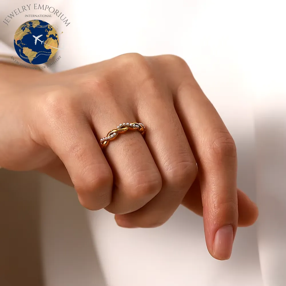 Elegant Waterproof Twisted Pearl-Inspired Stacking Ring - 18K PVD Gold Plated Stainless Steel