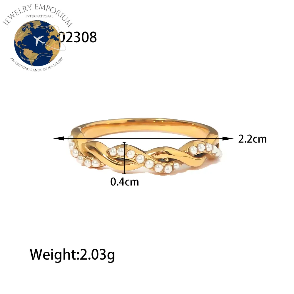 Elegant Waterproof Twisted Pearl-Inspired Stacking Ring - 18K PVD Gold Plated Stainless Steel