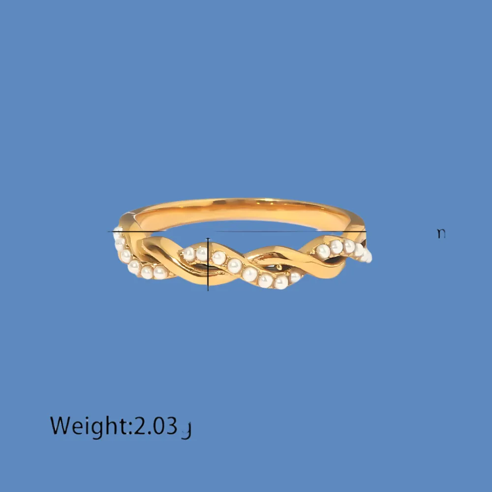 Elegant Waterproof Twisted Pearl-Inspired Stacking Ring - 18K PVD Gold Plated Stainless Steel