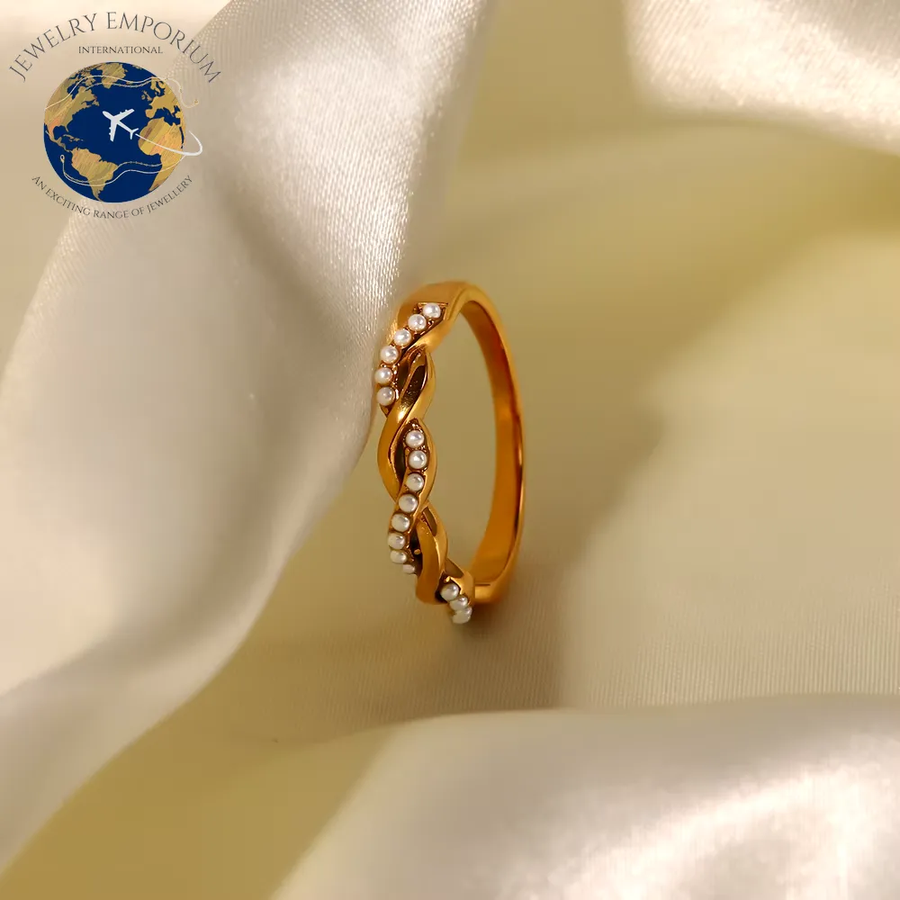 Elegant Waterproof Twisted Pearl-Inspired Stacking Ring - 18K PVD Gold Plated Stainless Steel