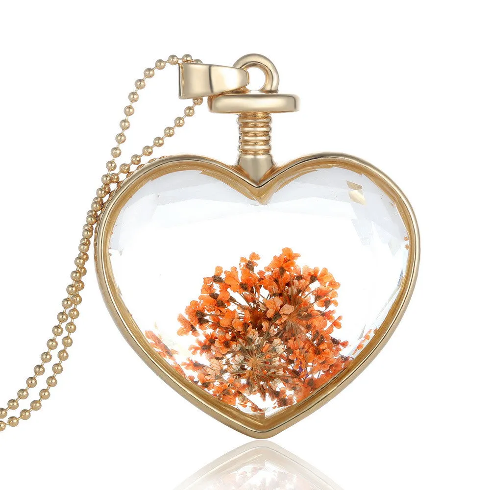 Fashion Jewelry Romantic Crystal Glass Heart Shape Floating Locket Dried Flower Plant Pendant Chain Necklace for Women Girls