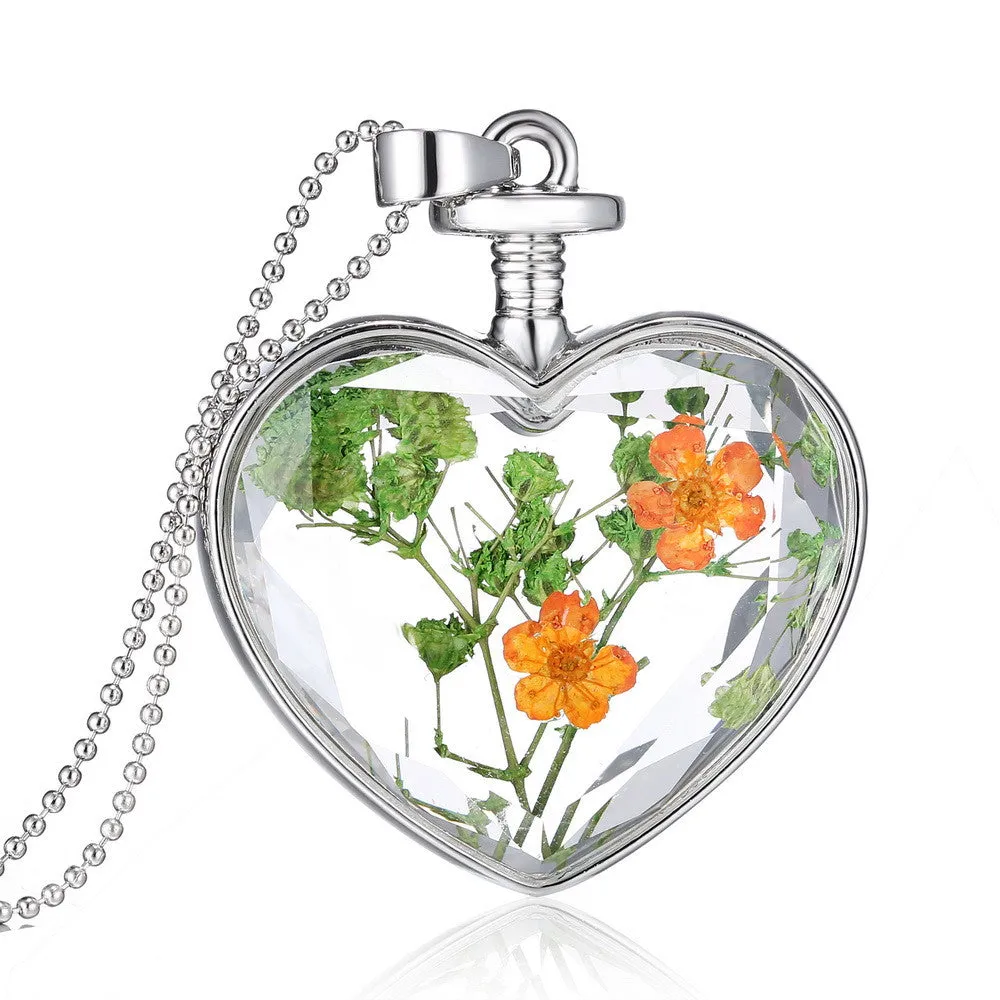 Fashion Jewelry Romantic Crystal Glass Heart Shape Floating Locket Dried Flower Plant Pendant Chain Necklace for Women Girls