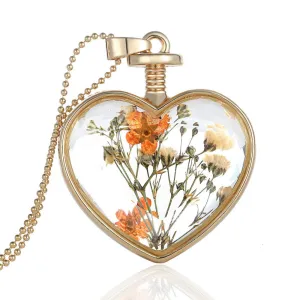 Fashion Jewelry Romantic Crystal Glass Heart Shape Floating Locket Dried Flower Plant Pendant Chain Necklace for Women Girls