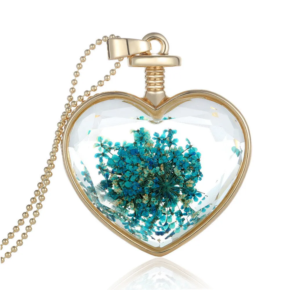 Fashion Jewelry Romantic Crystal Glass Heart Shape Floating Locket Dried Flower Plant Pendant Chain Necklace for Women Girls