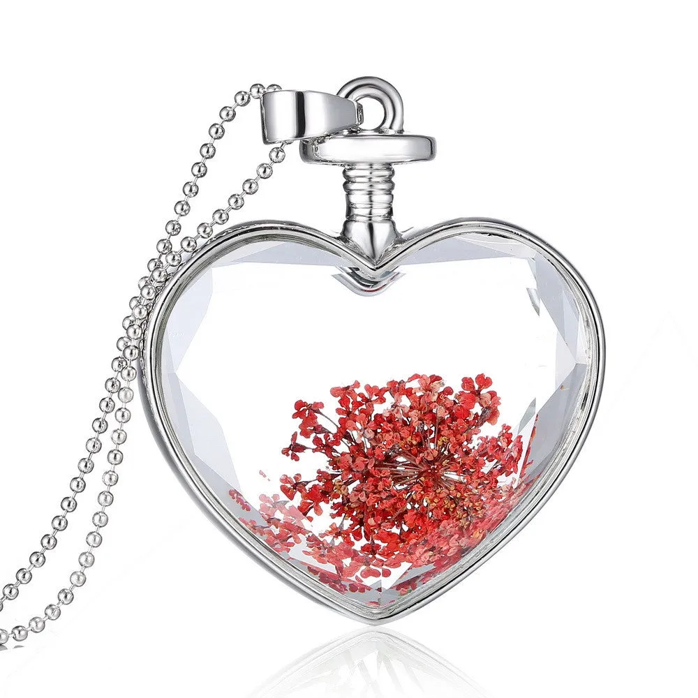 Fashion Jewelry Romantic Crystal Glass Heart Shape Floating Locket Dried Flower Plant Pendant Chain Necklace for Women Girls