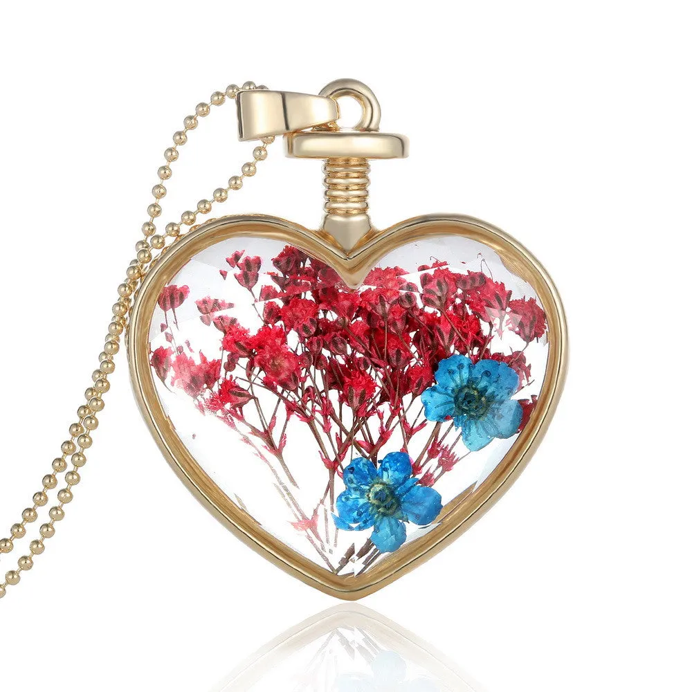 Fashion Jewelry Romantic Crystal Glass Heart Shape Floating Locket Dried Flower Plant Pendant Chain Necklace for Women Girls