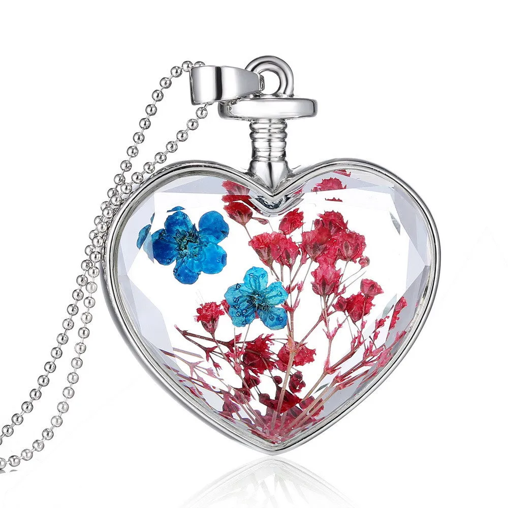 Fashion Jewelry Romantic Crystal Glass Heart Shape Floating Locket Dried Flower Plant Pendant Chain Necklace for Women Girls