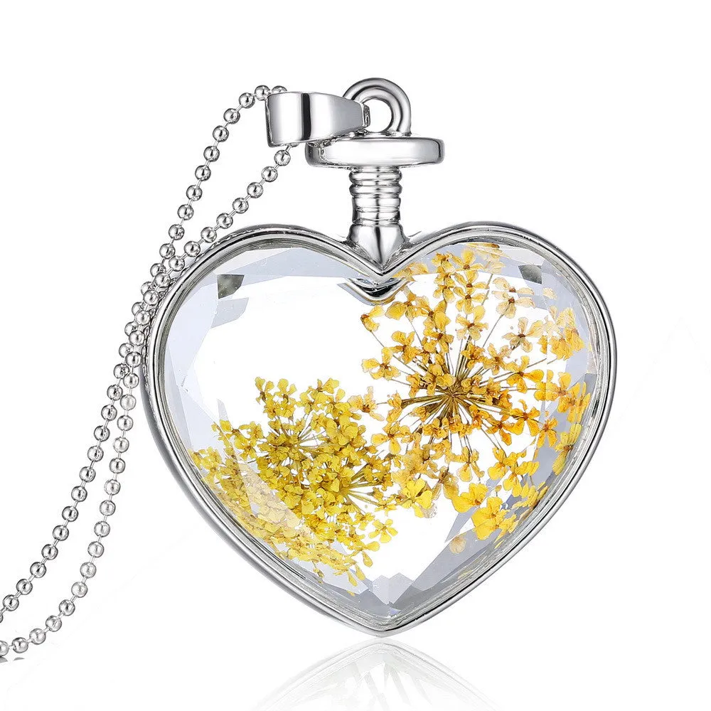 Fashion Jewelry Romantic Crystal Glass Heart Shape Floating Locket Dried Flower Plant Pendant Chain Necklace for Women Girls