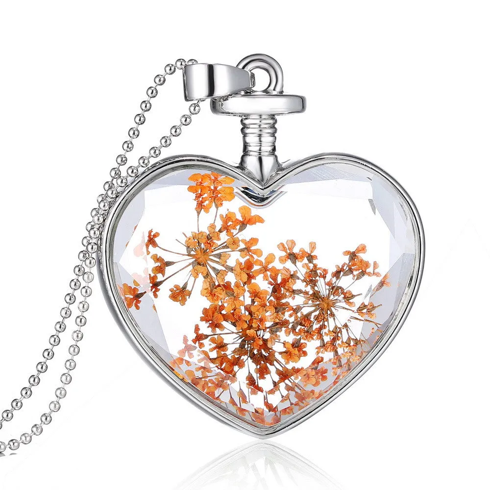 Fashion Jewelry Romantic Crystal Glass Heart Shape Floating Locket Dried Flower Plant Pendant Chain Necklace for Women Girls