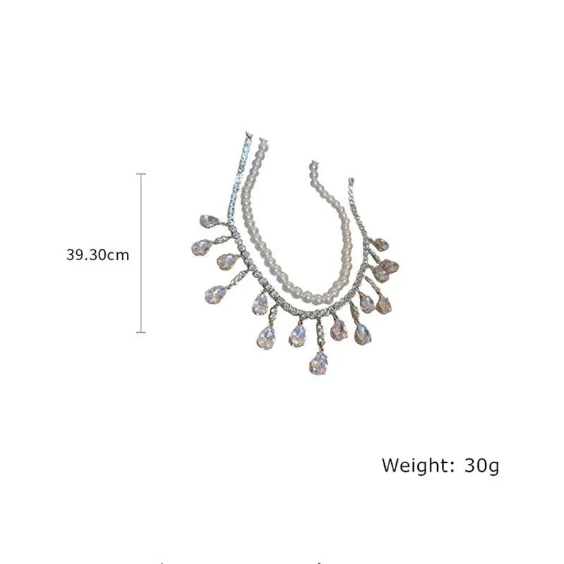 FYUAN Luxury Pearl Choker Necklaces for Women Tassel Water Drop Zircon Crystal Necklaces Wedding Banquet Jewelry