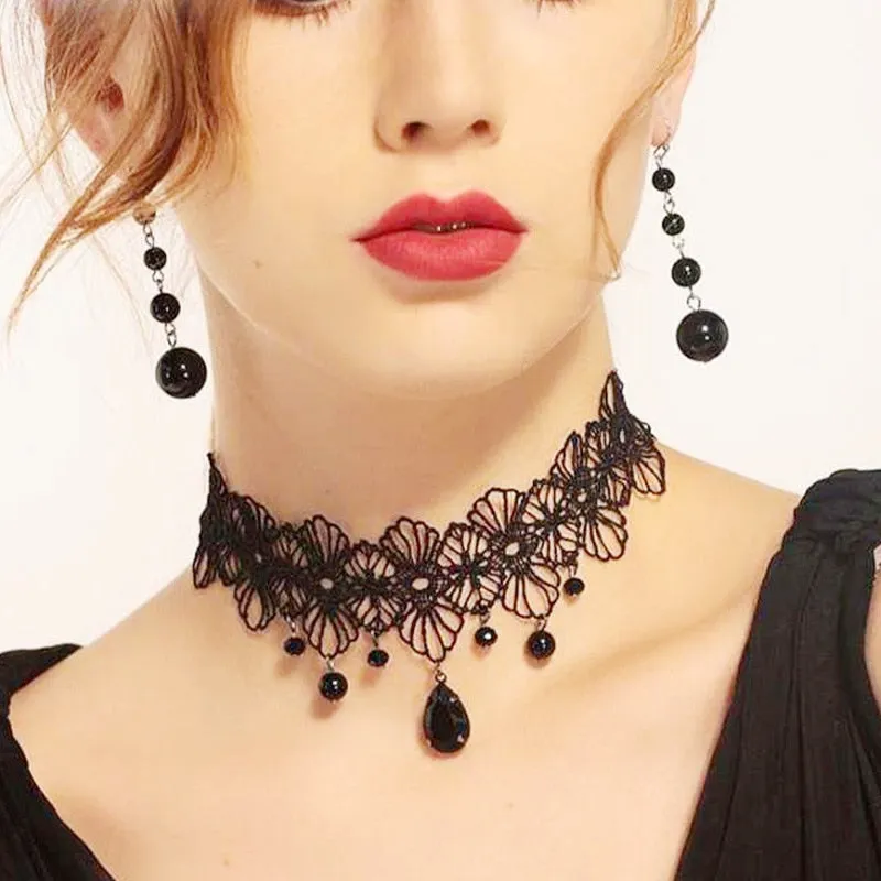 Gothic Chokers Black Beaded Flowers Sexy Lace Neck Choker Necklace Vintage Tassel Chain Women Steampunk Halloween Jewelry