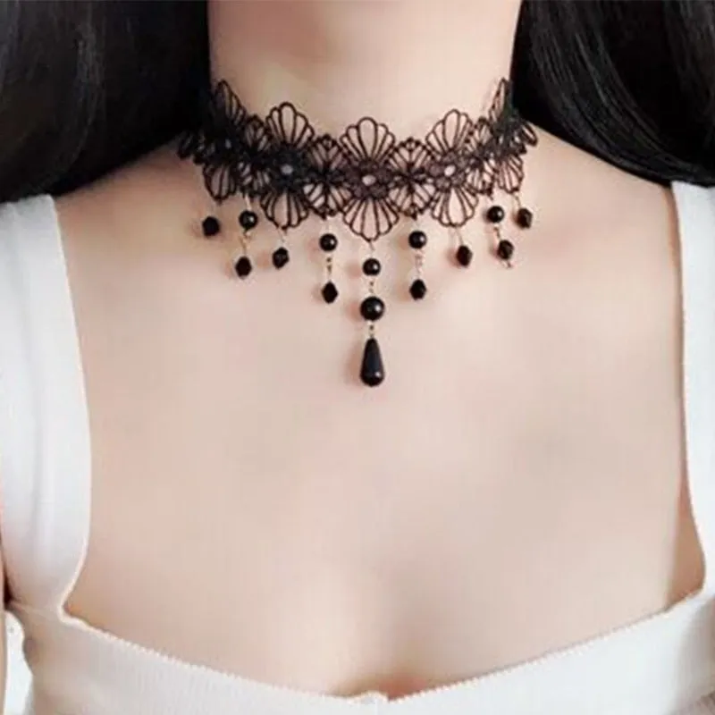 Gothic Chokers Black Beaded Flowers Sexy Lace Neck Choker Necklace Vintage Tassel Chain Women Steampunk Halloween Jewelry