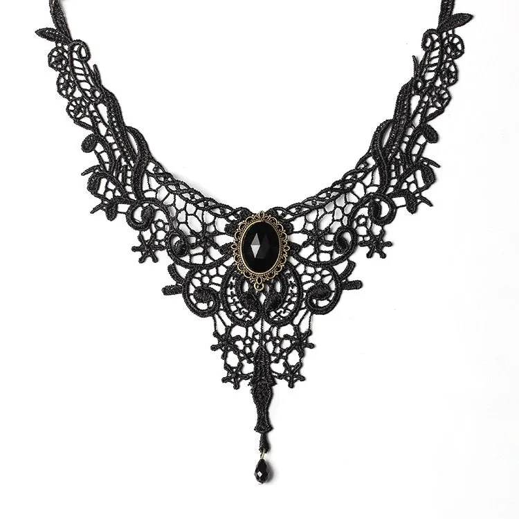 Gothic Chokers Black Beaded Flowers Sexy Lace Neck Choker Necklace Vintage Tassel Chain Women Steampunk Halloween Jewelry