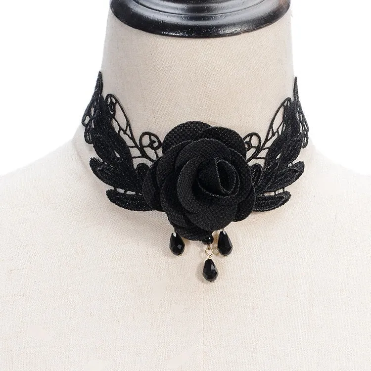 Gothic Chokers Black Beaded Flowers Sexy Lace Neck Choker Necklace Vintage Tassel Chain Women Steampunk Halloween Jewelry