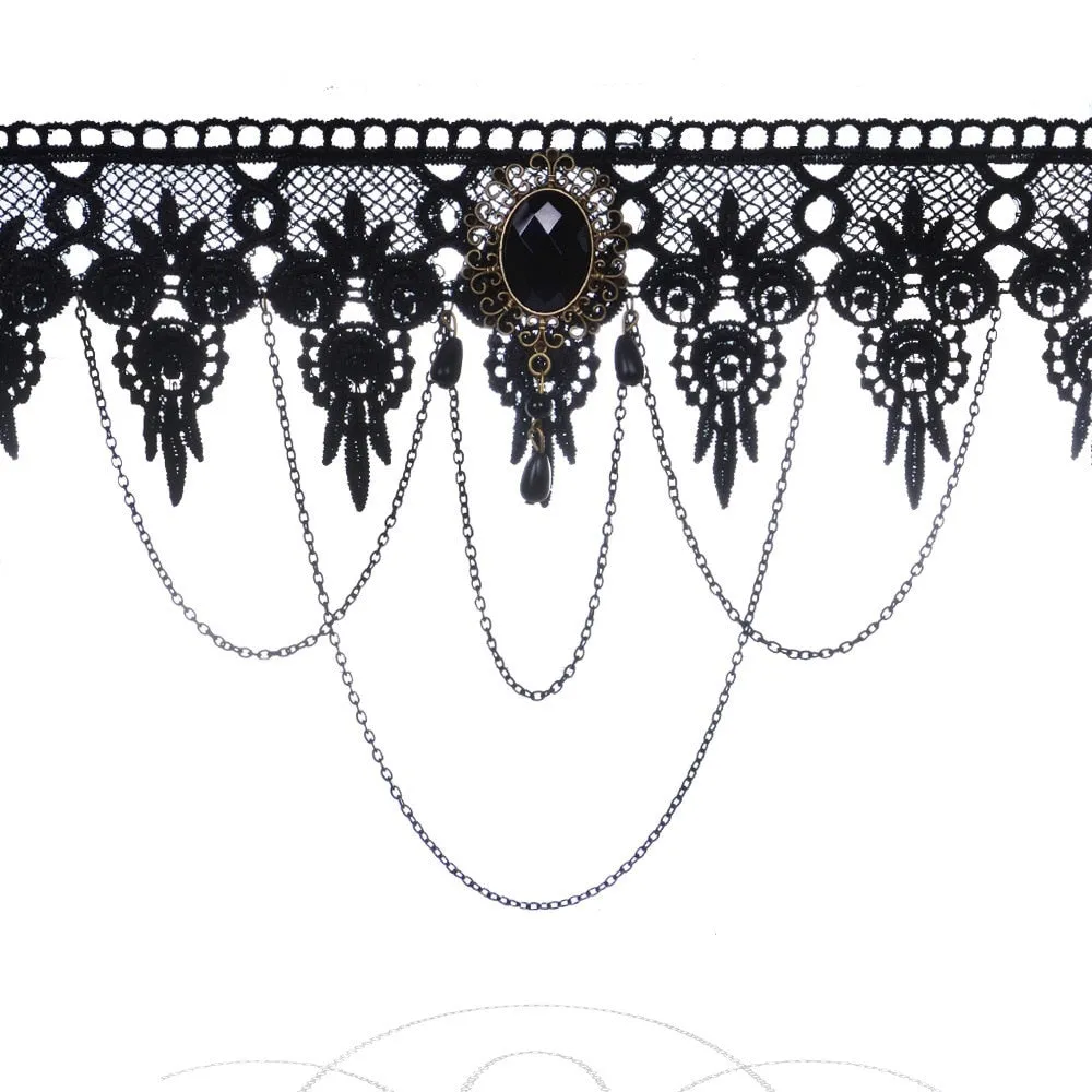 Gothic Chokers Black Beaded Flowers Sexy Lace Neck Choker Necklace Vintage Tassel Chain Women Steampunk Halloween Jewelry