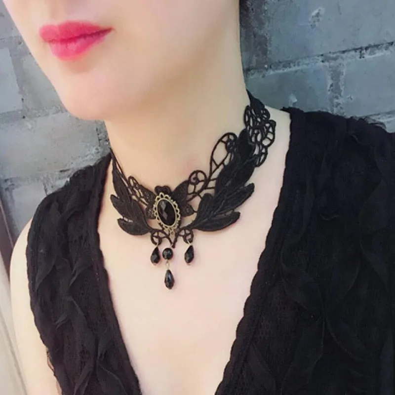 Gothic Chokers Black Beaded Flowers Sexy Lace Neck Choker Necklace Vintage Tassel Chain Women Steampunk Halloween Jewelry